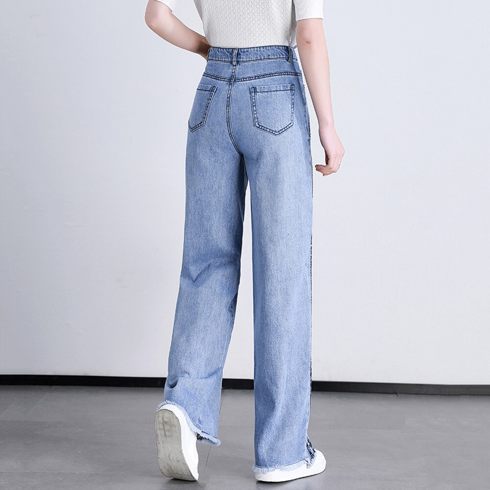 Pantalones vaqueros de pierna ancha con bordado para mujer, Vaqueros holgados de talla grande con borde suave en bruto, cintura Extra larga, 2022