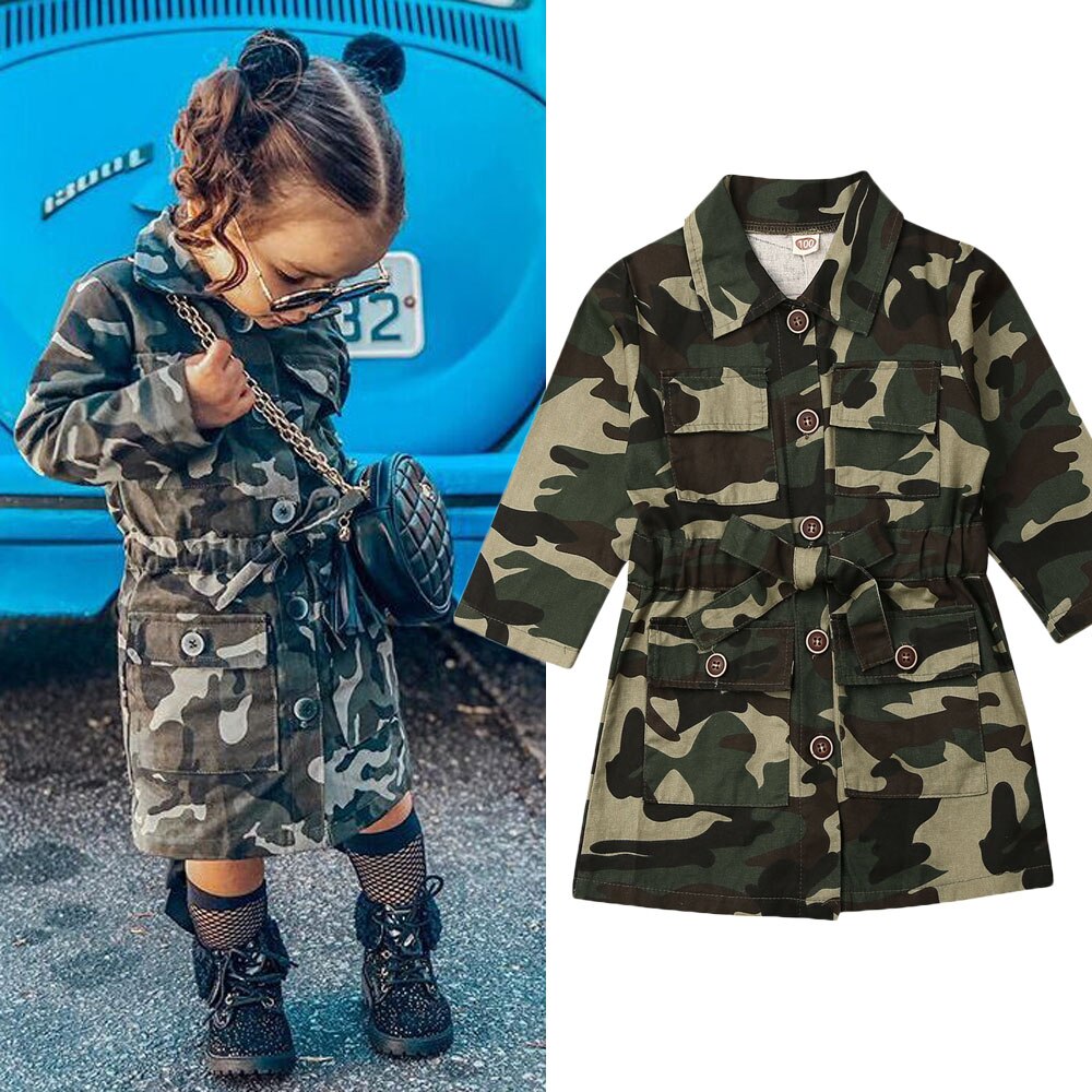 Stijlvolle Peuter Baby Meisje Lange Mouw Camouflage Trenchcoat Jas Jas Uitloper Lange Mouwen Herfst Winter Warm Zoete