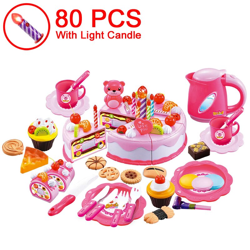 37-80PCS DIY Fruit Cutting Pretend Play Birthday Cake Girls Kitchen Food Toys Cocina De Juguete Pink Blue Toy For Children: 80 Pink With Candle