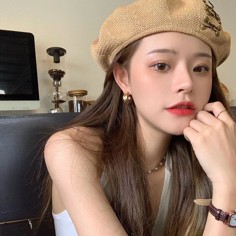 Kpop Linen Braid Beret Hat For Ladies Straps Studs Thin Breathable Casquette Trend Summer Vacation Boina Caps Painter Gorras