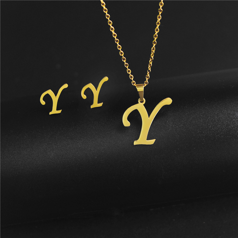 A-Z 26 charm Initial Necklace And Stud Earrings Jewelry Sets Alphabet Pendant Chain Letter mom: Antique Silver Plated