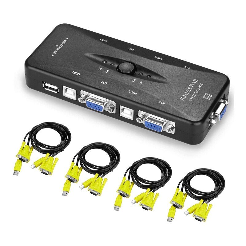 USB KVM VGA Switcher, 4 Ports USB 2.0 KVM Switch Box Adapter, One-Button Swapping, 4 VGA Cables Included: Default Title