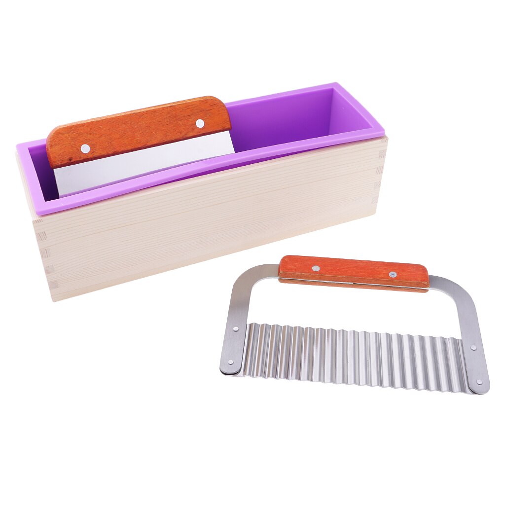 Rectangle Silicone Soap Mold with Wood Box + Straight Cutter + Wavy Cutter Soap Maker Loaf Potato Cutting Tools