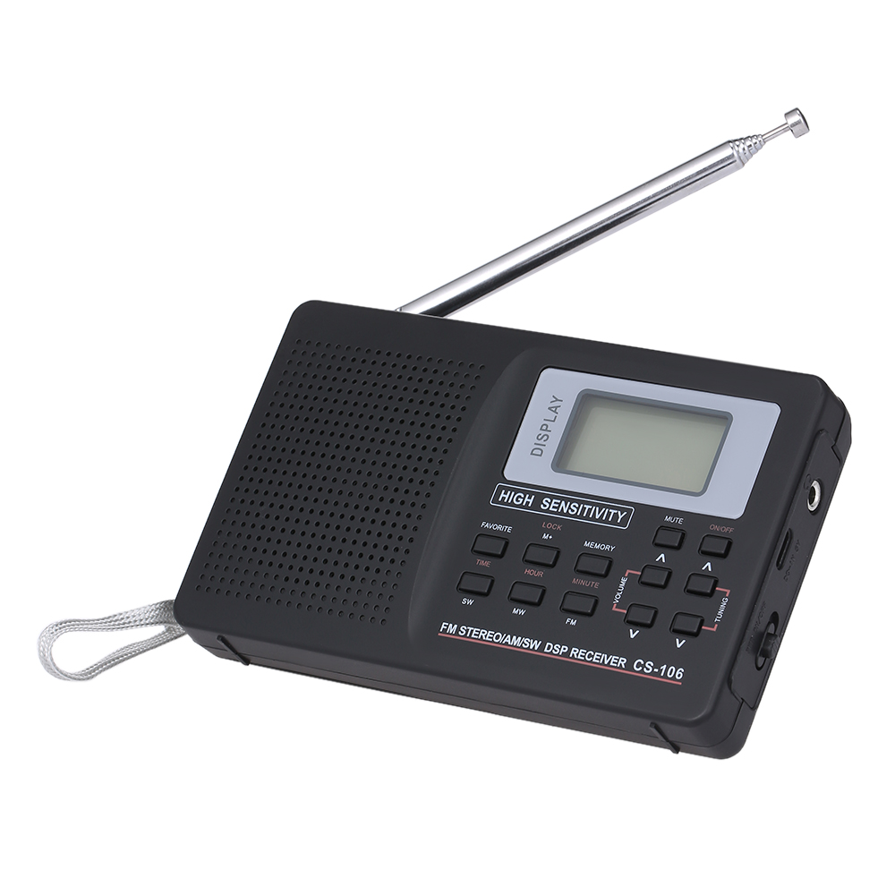 Portable radio FM AM SW Radio Multiband Digital Stereo Radio Receiver Earphone Time Display External Antenna with Alarm Clock