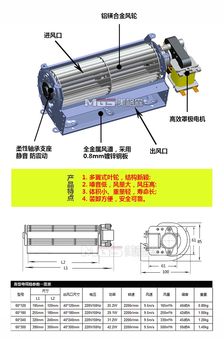 Ventilador de flujo cruzado de 220V, ventilador de flujo transversal Axial, accesorios de refrigeración del chasis del elevador, silencioso