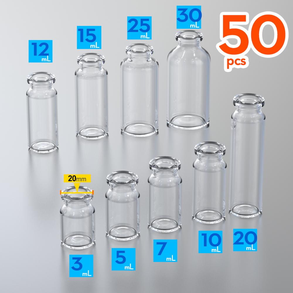 Botella de cristal de penicilina de 3ml, 5ml, 7ml,10ml, 15ml, 20ml,25ml,30ml,50ml, frascos de 100ml,50 Uds.