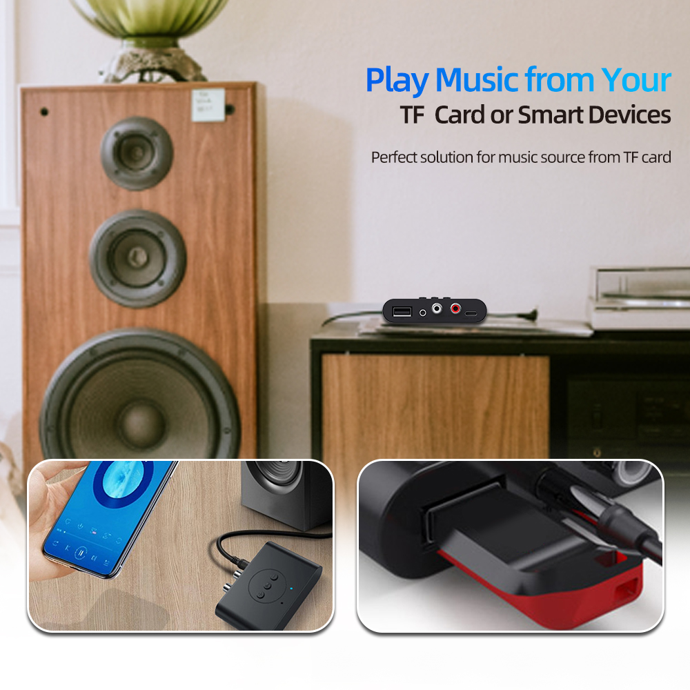Receptor de Audio NFC Bluetooth 5,0, disco U de 3,5mm AUX RCA, adaptador inalámbrico de música estéreo USB con micrófono para Kit de coche, amplificador de altavoz
