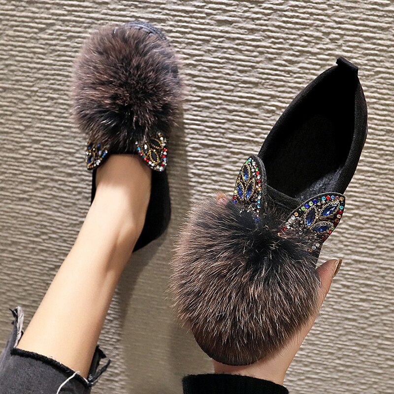 Winter Bont Flats Vrouw Schoenen Suède Muilezels Pluche Harige Mocassins Dames Casual Warm Houden Korte Pluche Schoenen Vrouwen Flats: khaki / 8.5