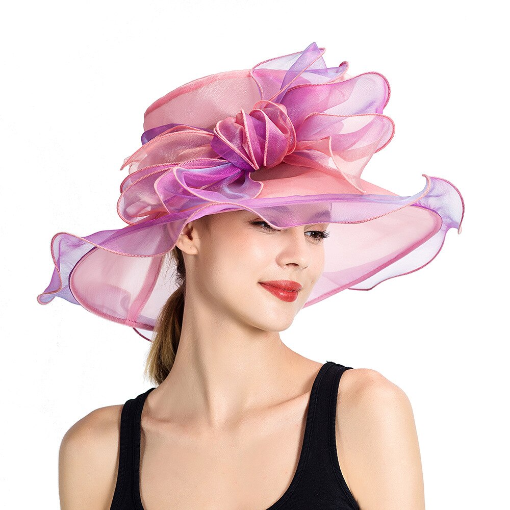 Big Flower Summer Sun Hats For Women Beach Beige Organza Tea Party Hat Ladies Church Kentucky Derby Wide Brim Fedoras