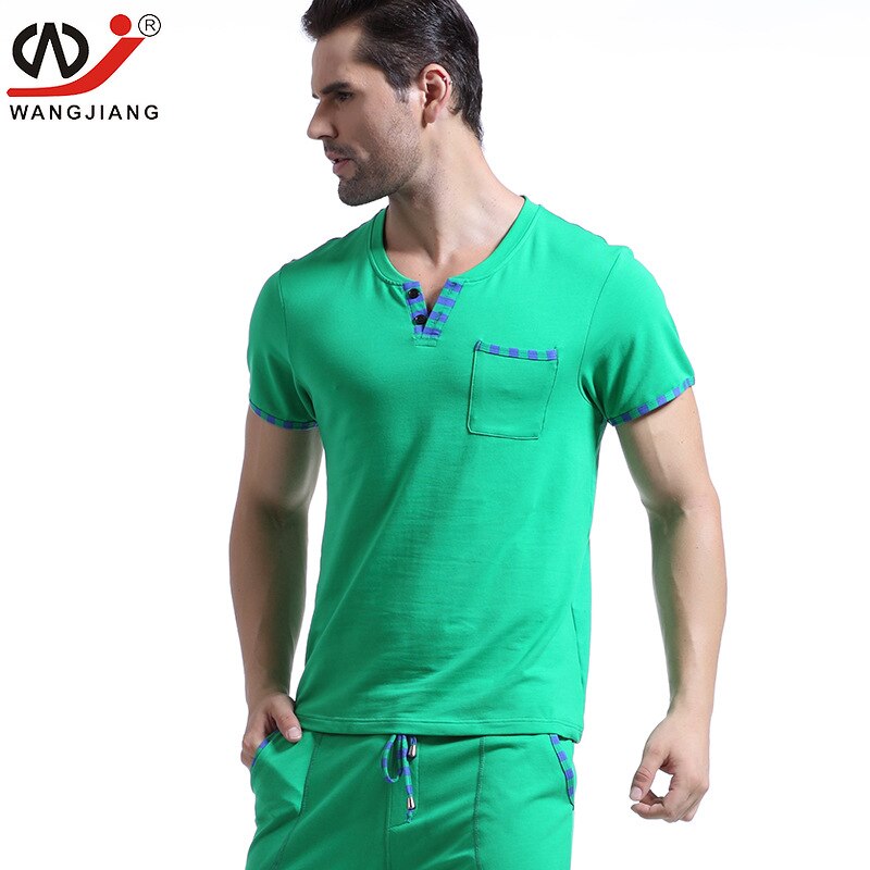 WJ Men&#39;s Casual Wear Cotton Clothes Home Furnishing V Neck Short Sleeved Men Comfortable Shirt(not Include Pants): Green / L