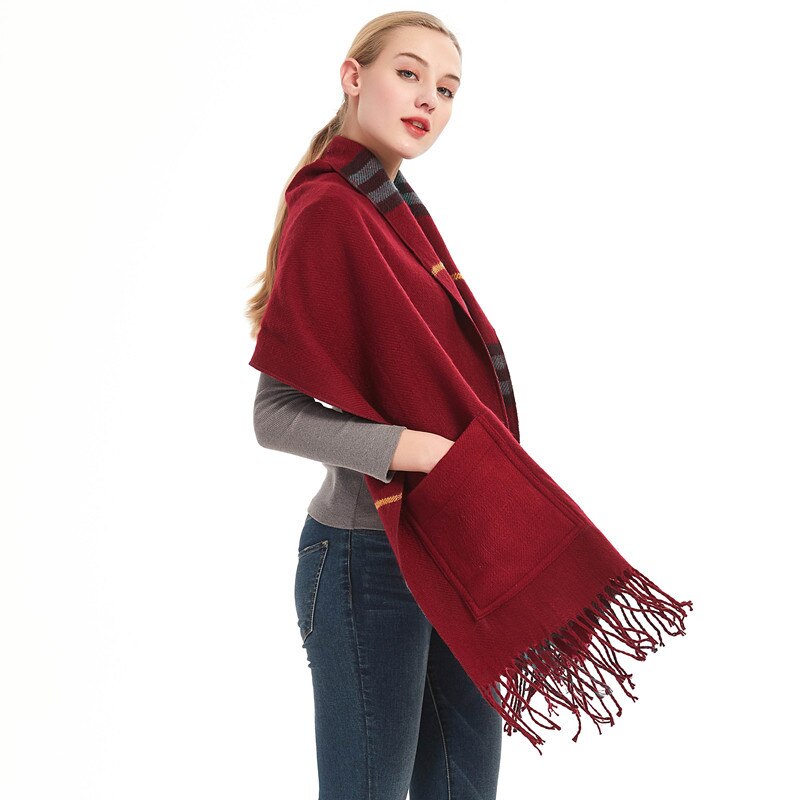 Chal grueso para mujer, bufanda larga de Cachemira de cuadros cálida roja con bolsillo, Otoño Invierno