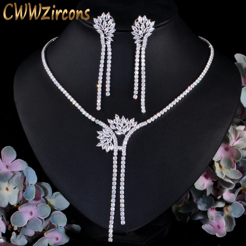 Cwwzircons Dubai Cz Steen Lange Dangle Bridal Tassel Earring Ketting Set Voor Wedding Party Kostuum Sieraden Accessoires T466