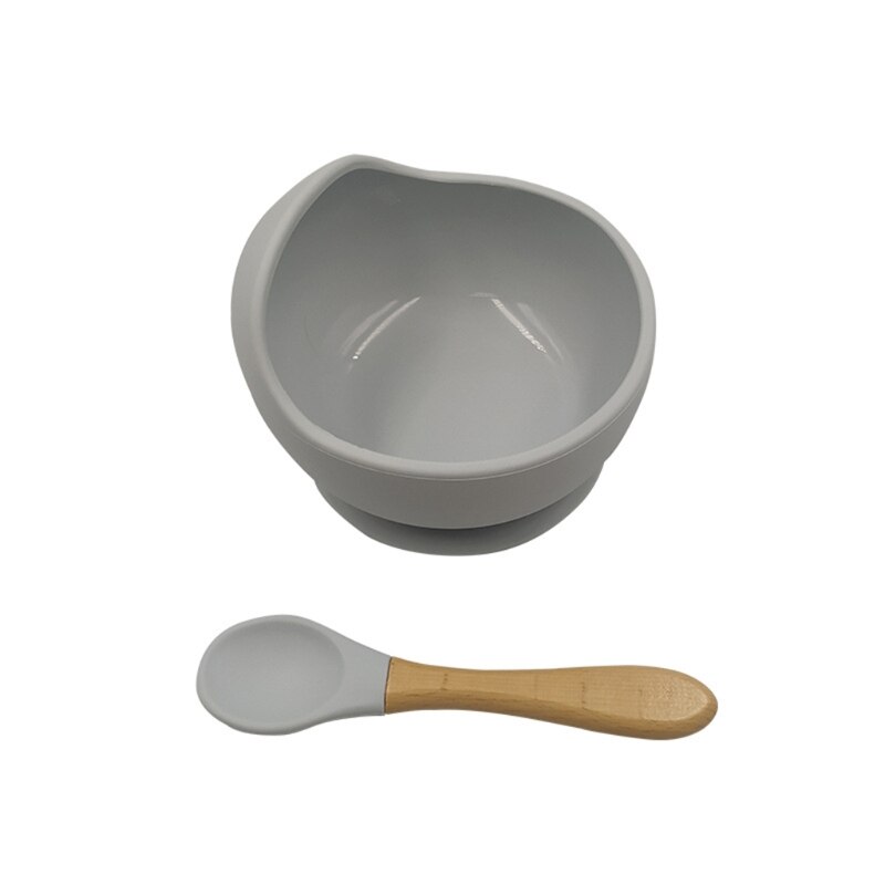2 Pcs Non-Slip Learning Feeding Tableware BPA Free Silicone Waterproof Baby Suction Cup Base Bowl Training Spoon Set: Gray