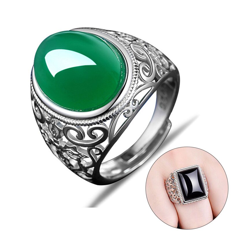 925 Sterling Zilveren Ringen Heren Ringen Vintage Bloem Gegraveerd Zwart Groen Rood Natuurlijke Onyx Stone Vierkante Vorm Punk Turkije Sieraden