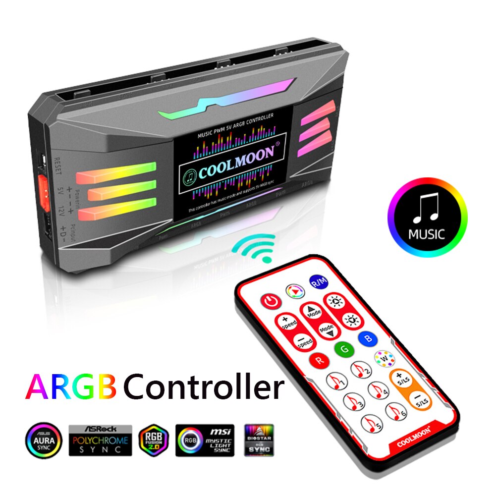 Coolmoon argb controller 4 pin pwm 5v 3 pin argb kylfläkt smart fjärrkontroll för dator pc väska chassi kylare: Musikrytm a