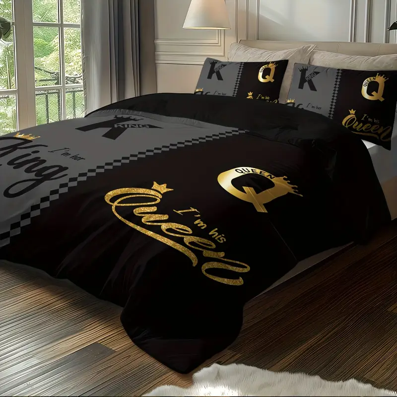 Juego de cama de con estampado king size y queen, color negro y gris, 1 funda nórdica + 2 fundas de almohada, para el hogar y el dormitorio, 3 uds.