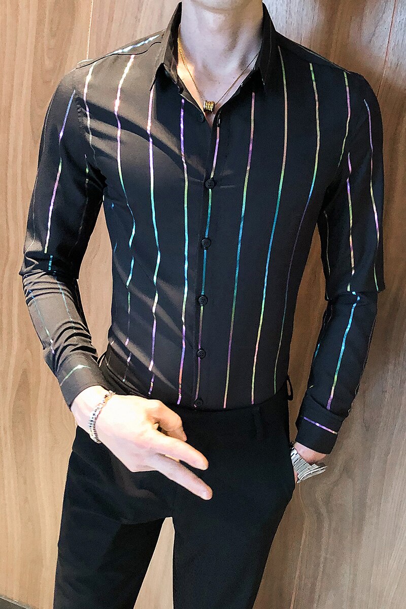 Sorte fargerike stripete skjorter for menn høst vinter lange ermer menn formelle skjorter slim fit business kontorskjorter