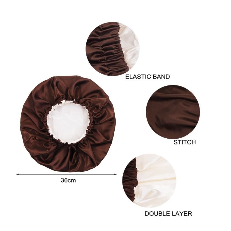 Effen Kleur Omkeerbaar Zijdeachtig Satijn Motorkap Dubbele Laag Slaap Night Cap Head Cover Motorkap Hoed Voor Voor Krullend Veerkrachtig Hair zwart
