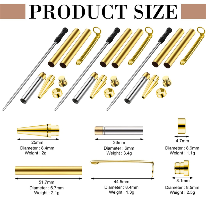 Práctico kit de bolígrafo delgado de 5 piezas para torneado de madera, kit de giro de 7 mm con recambio, ideal para de bricolaje dorado