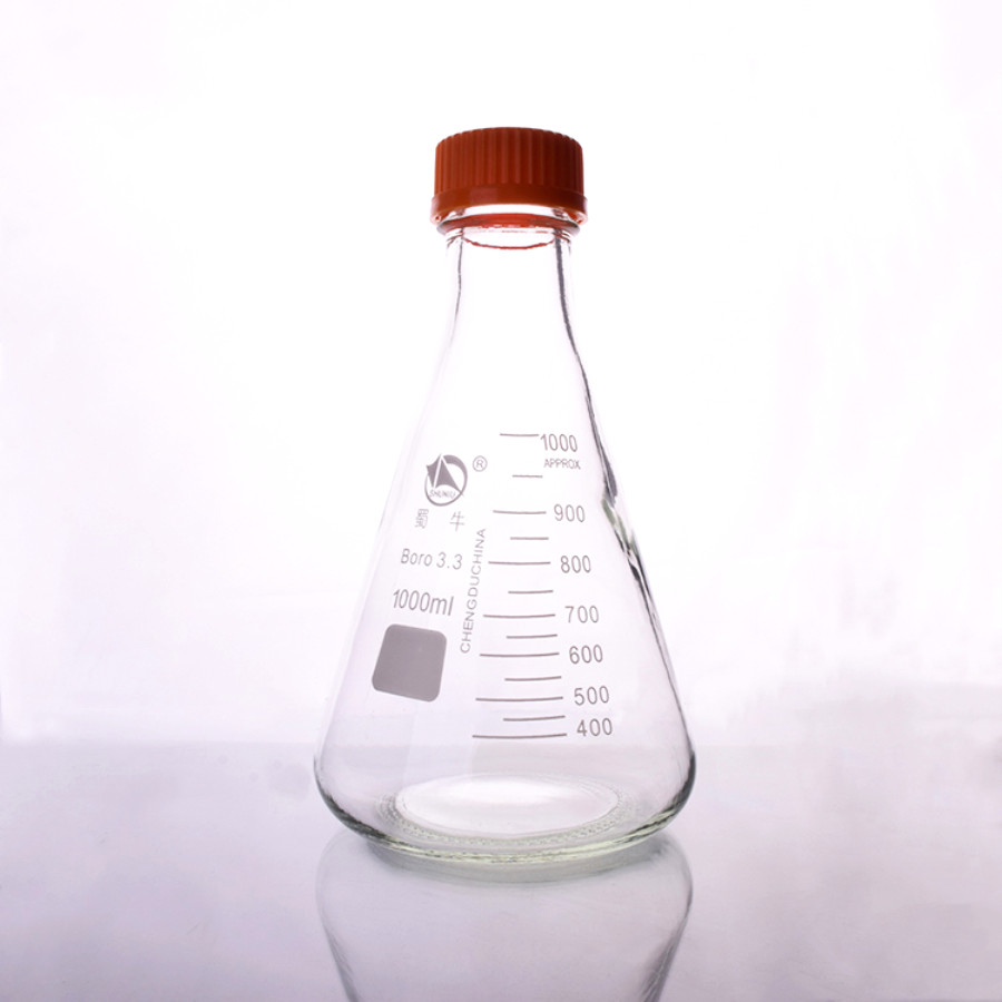1000 ml, Glas Erlenmeyerkolben Mit Gelb Kunststoff Schraube Kappe Deckel, 1L, Konische Flasche