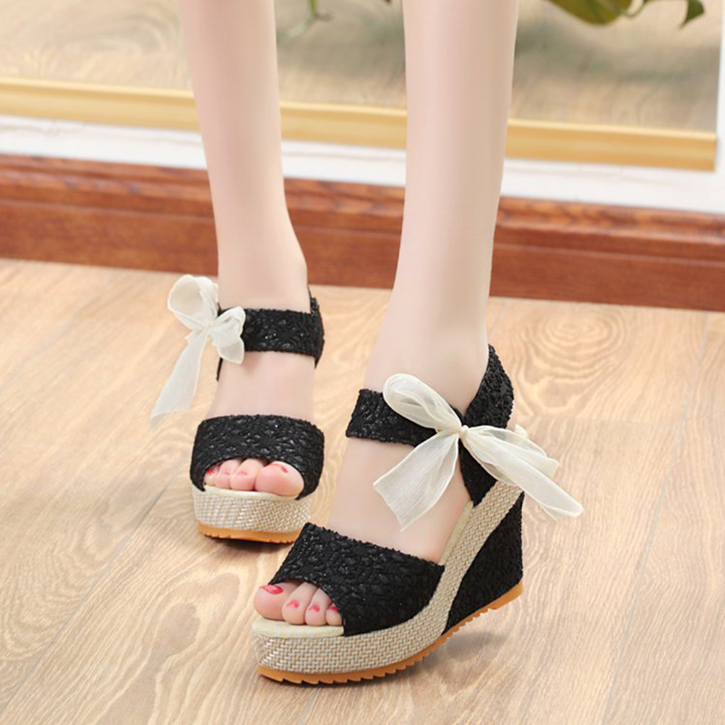 Dames Schoenen Open Neus Strik Zijden Lint Dames Sandalen Hoge Hakken Effen Outdoor Casual Plateau Wig Vrouwen Sandalen: Blauw / 40