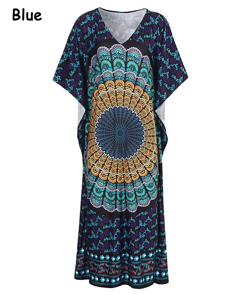 Vestidos largos de Kaftan africano de verano para mujer vestido Vintage con estampado Floral étnico de tallas grandes para mujer: Blue-CS2906