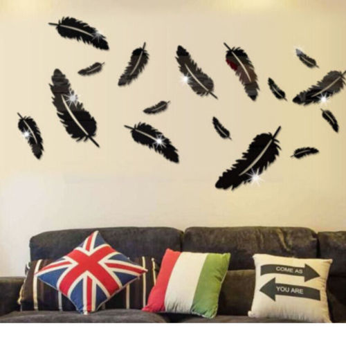 3D Mirror Wall Sticker Feather DIY Art Mural Home Room Decor Acrylic Decals: Black