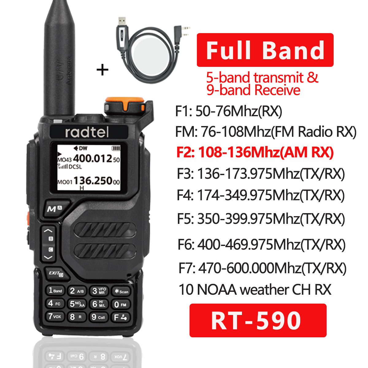 Radtel RT-590 Air Band Walkie Talkie Amateur Ham Zwei-Wege-Radiosender UHF VHF 200CH Vollband HT mit NOAA-Kanal AM Satcom: Rot / Usb plug