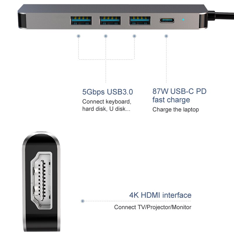 HUB USB C HUB adattatore 6 in 1 USB C a USB 3.0 HDMI-Dock compatibile for MacBook Pro per Nintendo Switch USB-C tipo C Splitter