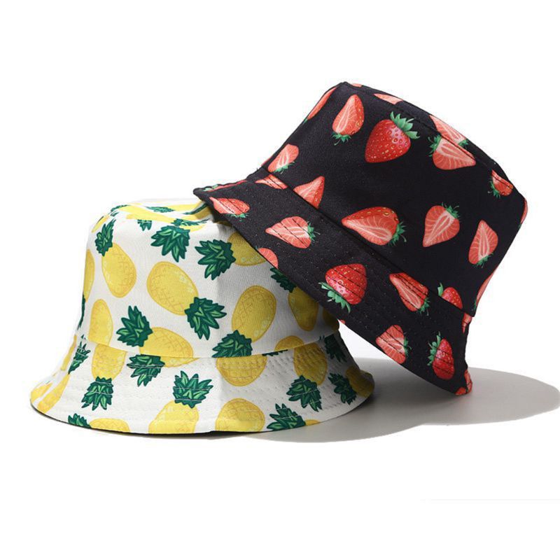 Unisexe été deux côtés porter réversible seau chapeau bohème ananas pastèque Fruits impression pliable pêcheur casquette