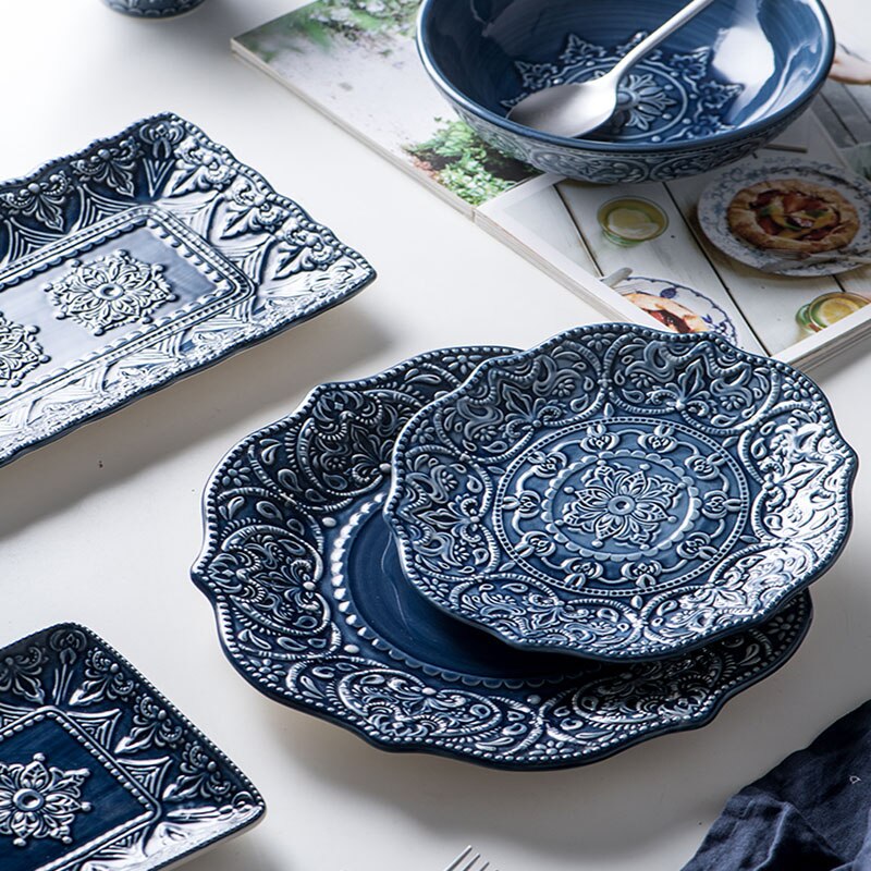 Ensemble complet de vaisselle, vaisselle créative, combinaison ménagère, assiette en céramique, Style Baroque, couverture, assiette en relief, vaisselle