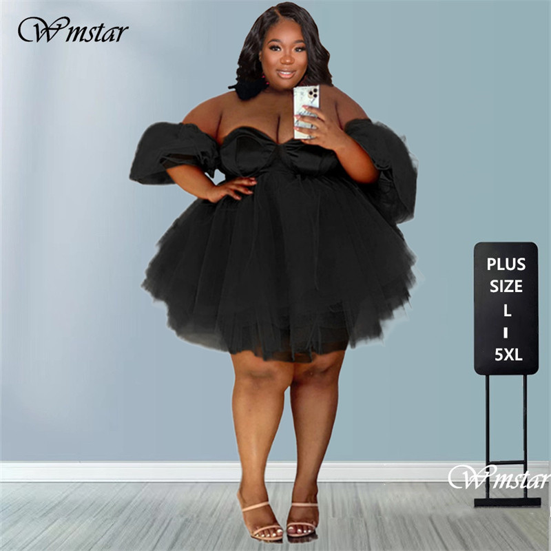 Wmstar plus size festklänningar kvinnor 5xl sexiga v-ringade mesh födelsedagskläder miniklänning sommar