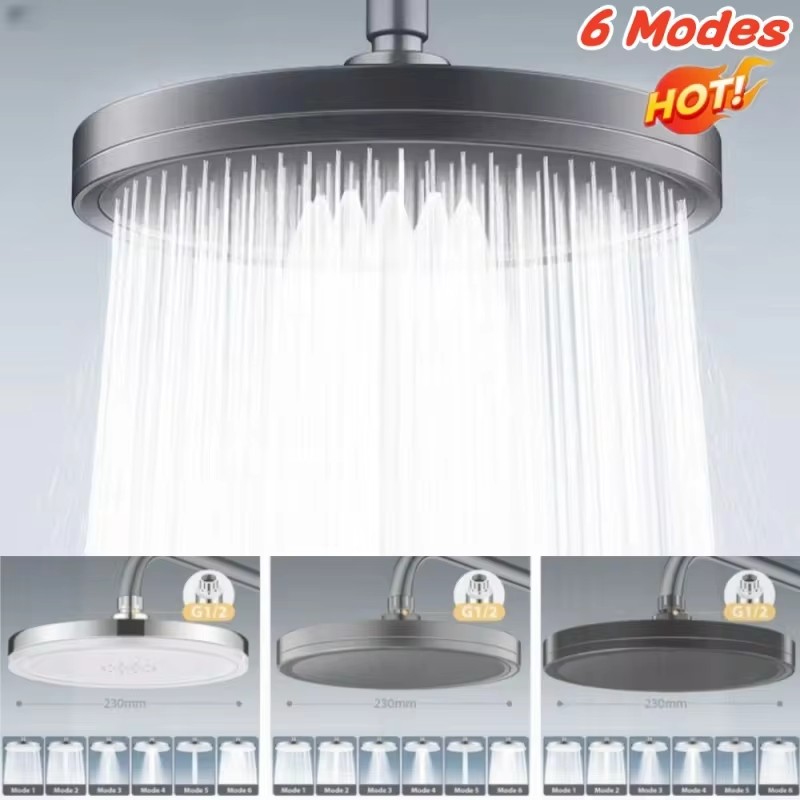 Cabezal de ducha de lluvia de 6 modos, cabezales de ducha de lluvia superiores de alta presión para baño, ° Accesorios para grifos de ducha con rociador superior