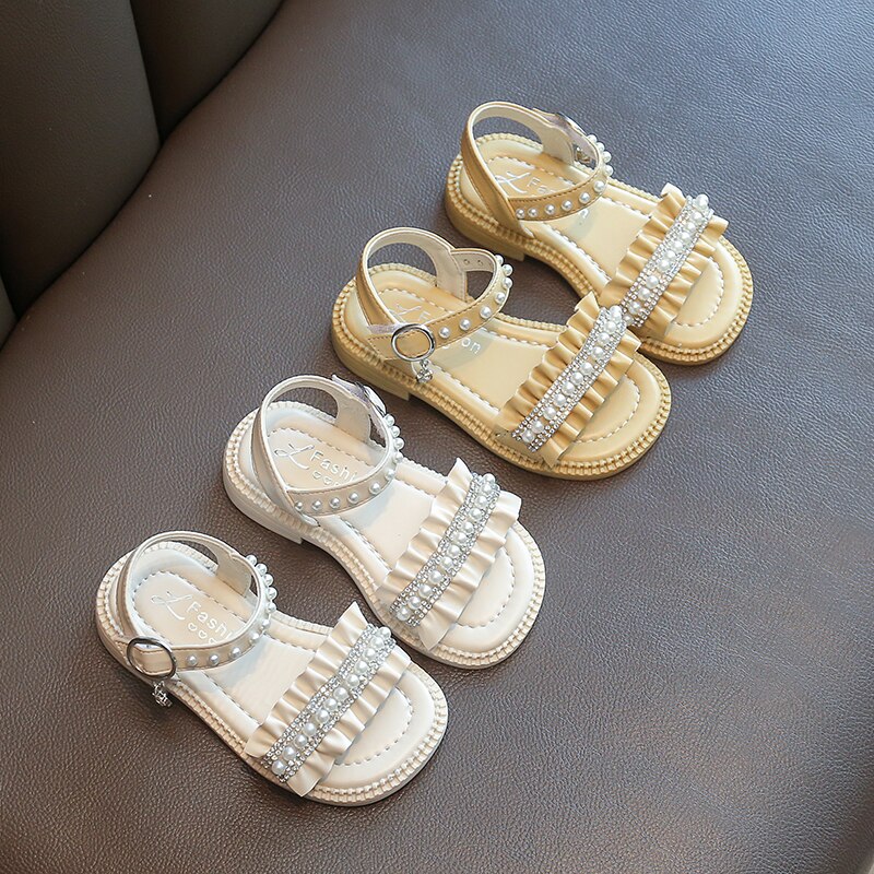 Sandálias da criança menina bege amarelo babados pérola doce crianças sliders praça toe 22-31 moda all-match crianças sapatos planos