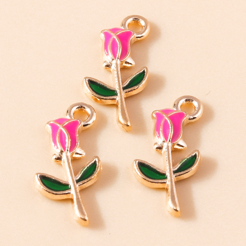 Mini Rosa esmaltada romántica, 10 piezas, 9x18mm, dijes para collares, colgantes, pendientes, fabricación de joyas DIY, hallazgos hechos a mano: Color dorado