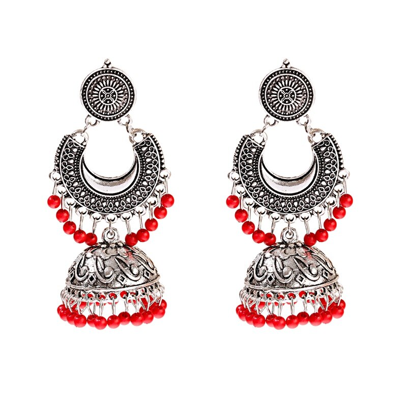 Ethnic Silver Color Gypsy Indian Earrings For Women Boho Jewelry Beads Bell Tassel Jhumka Earrings Ladies Retro Earrings: Style 4