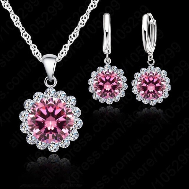 Conjunto de joias para casamento, de alta qualidade, flores solares, prata esterlina 925, zircônio cúbico, conjunto de pingente, colar, brincos, moda feminina: pink