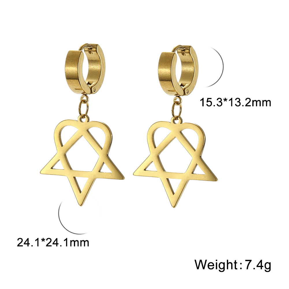 Lucktune Heartagram Star Dangle Clip Earrings Women Stainless Steel Heart Pentagonal Earrings Couple Goth Jewelry Birthday: Gold-color