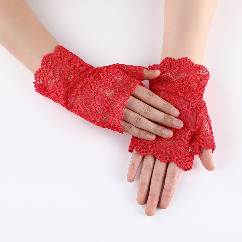 Short Lace Fingerless Gloves for Women Gothic Punk Rock Costume Fancy Harajuku Floral Lace Gloves Alt Goth Clothes Accessories: Red