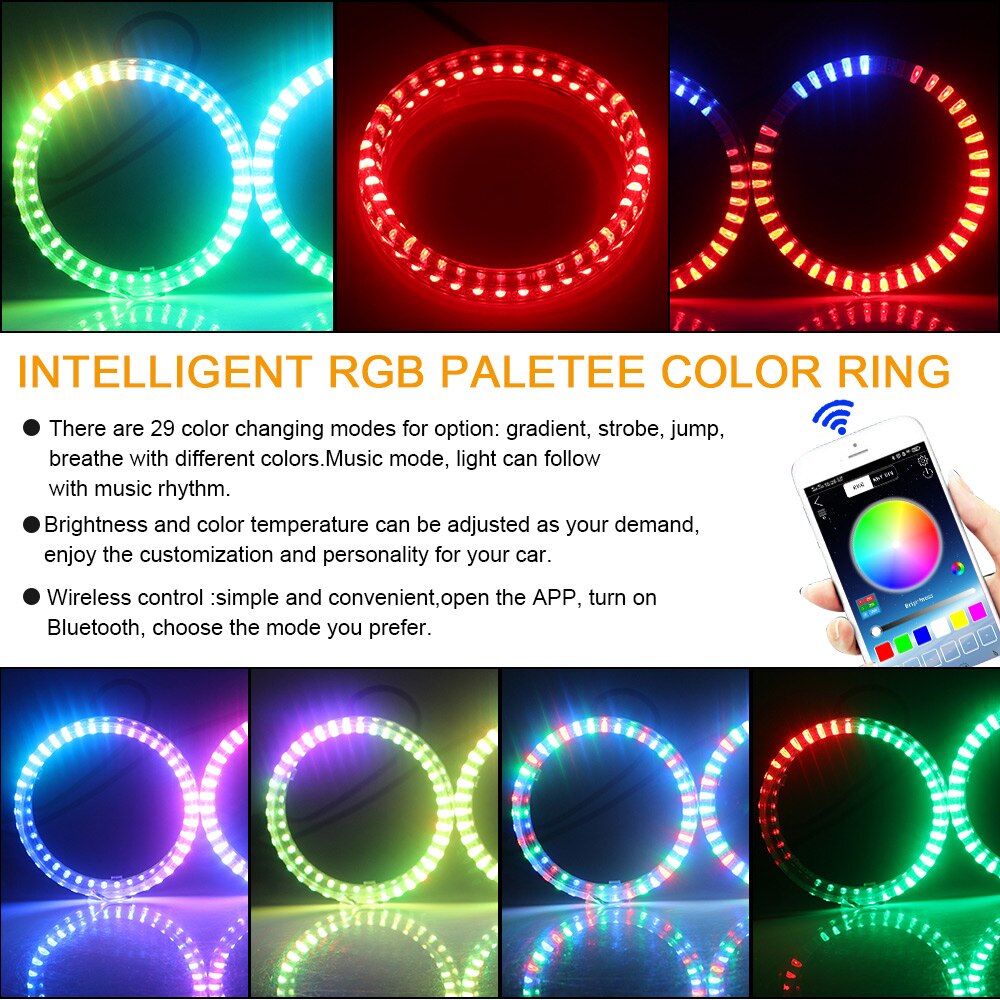 2 luces LED RGB de 80mm, 95mm, 5050, luces LED de colores con Ojos de Ángel, Control por aplicación Bluetooth, anillo Halo, intermitente automático para coche, faro delantero