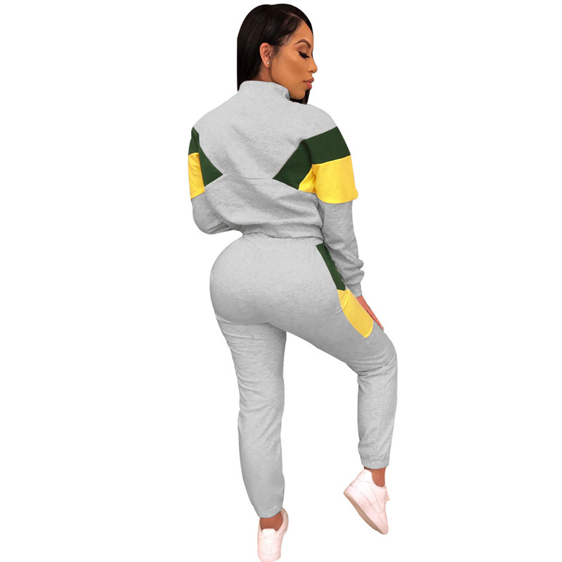 Winter Frauen Sport 2 Stück Trainingsanzug Farbe Patchwork Volle Hülse Drehen-unten Kragen Sweatshirt Hosen Casual Sweatsuit Outfits