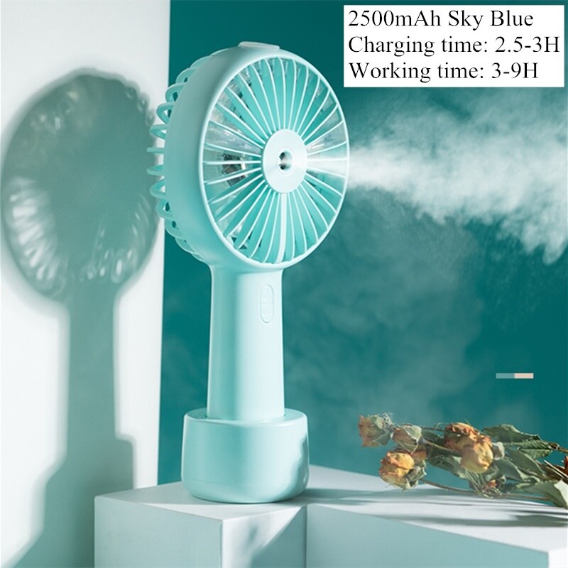 Battery Portable Water Spray Mist Fan Electric USB Rechargeable Handheld Mini Fan Cooling Air Conditioner Humidifier for Outdoor: 2500mah blue