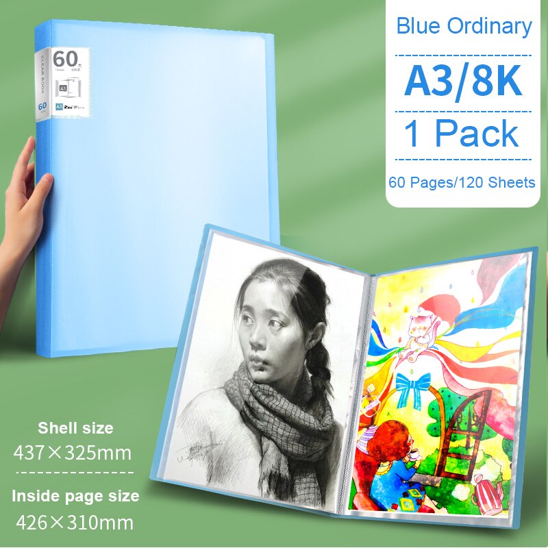 File Folder A3 Picture Certificate Storage 30/40/60 Pages Insert Brochure Poster Art Works Collection Paintings Favorites: A3 blue 60 pages