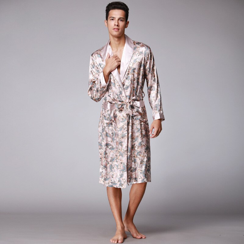 Ssh 0126 herrrock satin silke nattkläder manliga sommar badrockar långa ärmar pijama sovrock mantel pyjamas sleepwar män