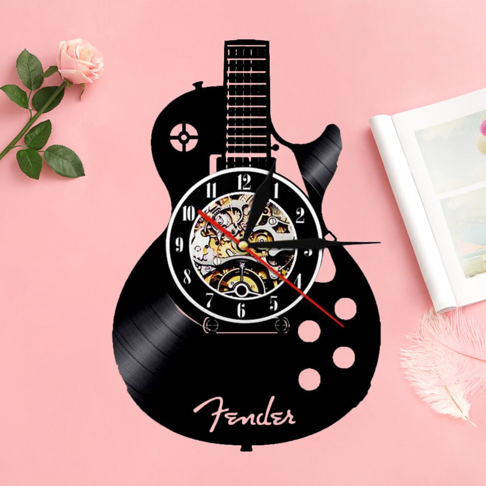Guitar Shape Wall Clock Vinyl Record Wall Clock Living Room Wall Hanging Clock (without Lamp Shipment without Battery): Black