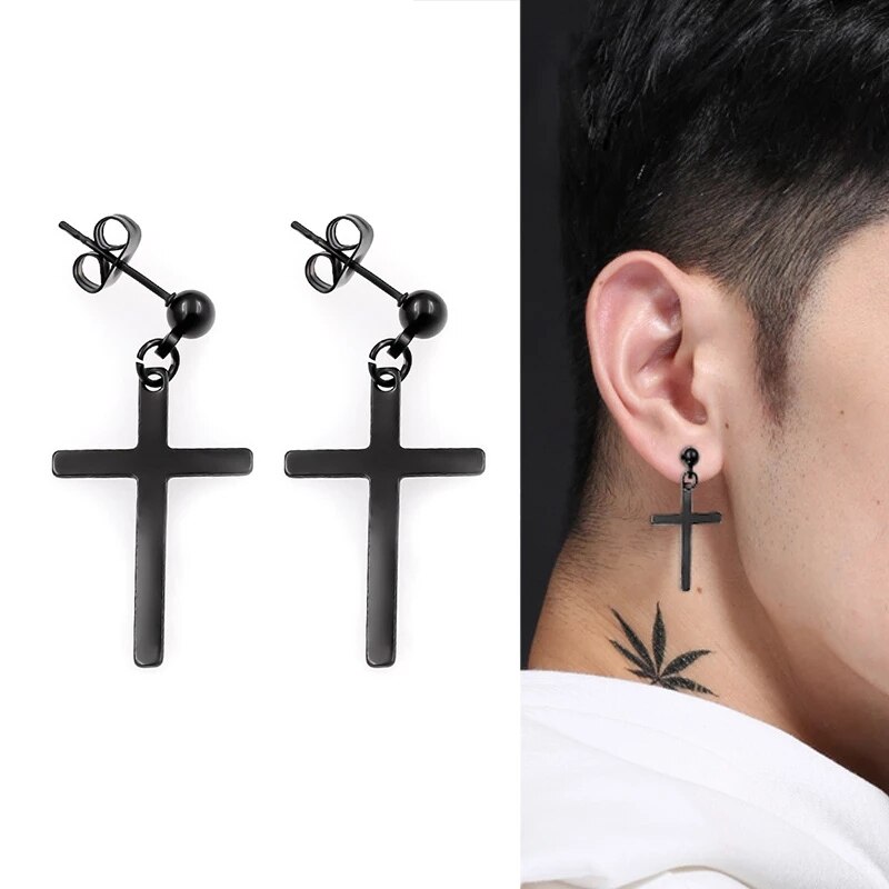 Men Earrings Geometric Titanium Stainless Steel Punk Couple Love Stud Earrings Goth Ear Cuffs Clip-on Earrings for Women Jewelry