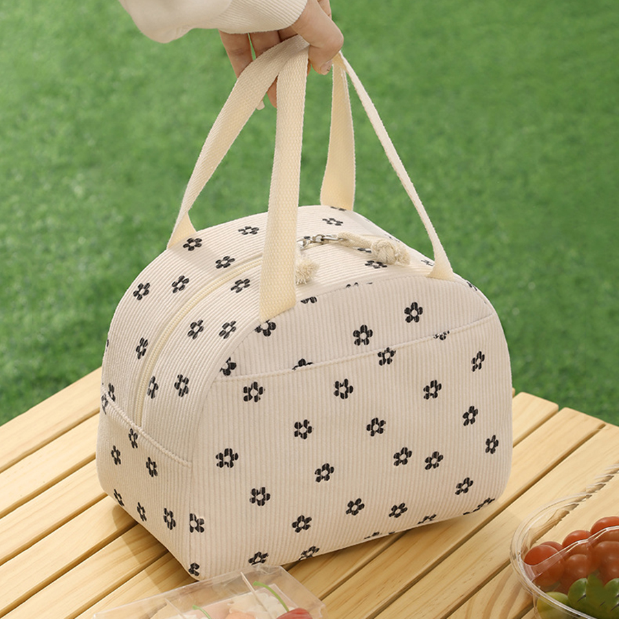 Portable Corduroy Lunch Bags Thermal Insulation Lunch Box Cute Print Women Lunch Storage Bag Picnic Bento Large Capacity Handbag