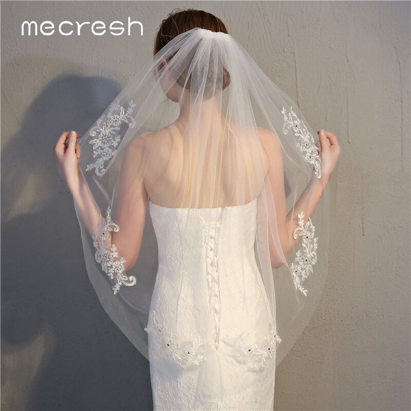 Mecresh Korte Bruiloft Sluiers met Kam Bruiloft Accessoires Mooie Wit Beige Een Laag Lace Geappliceerd Crystal Bridal Veils TS017