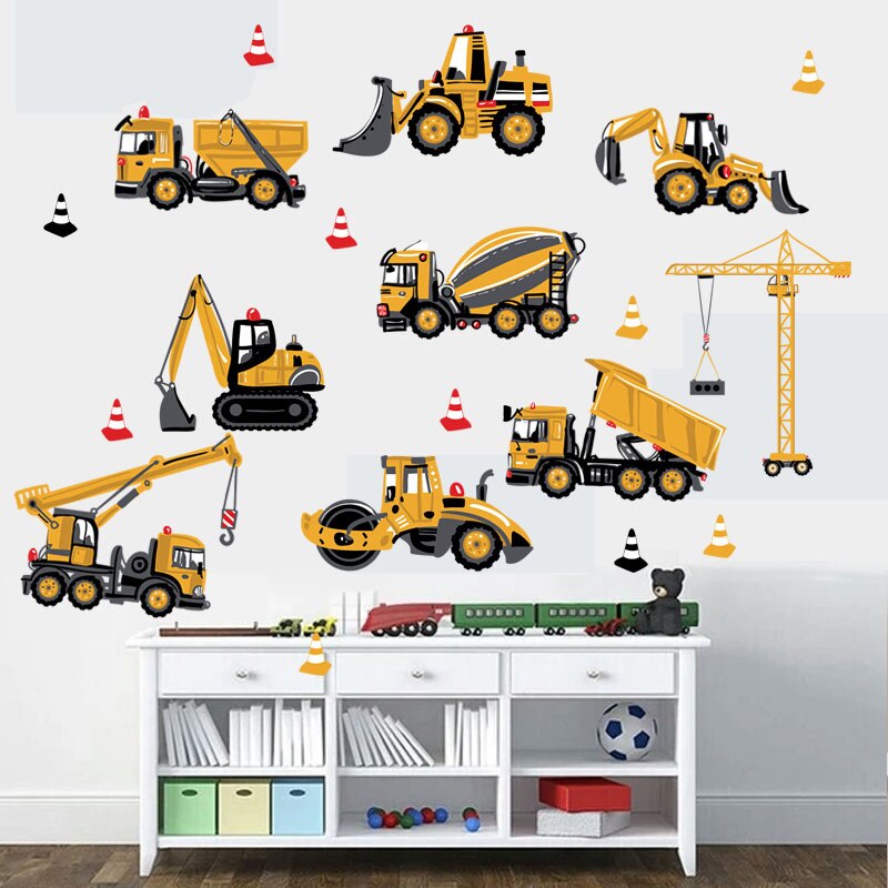 Cartoon Wall Stickers Excavator Construction Trucks Kids Bedroom Decals Decor