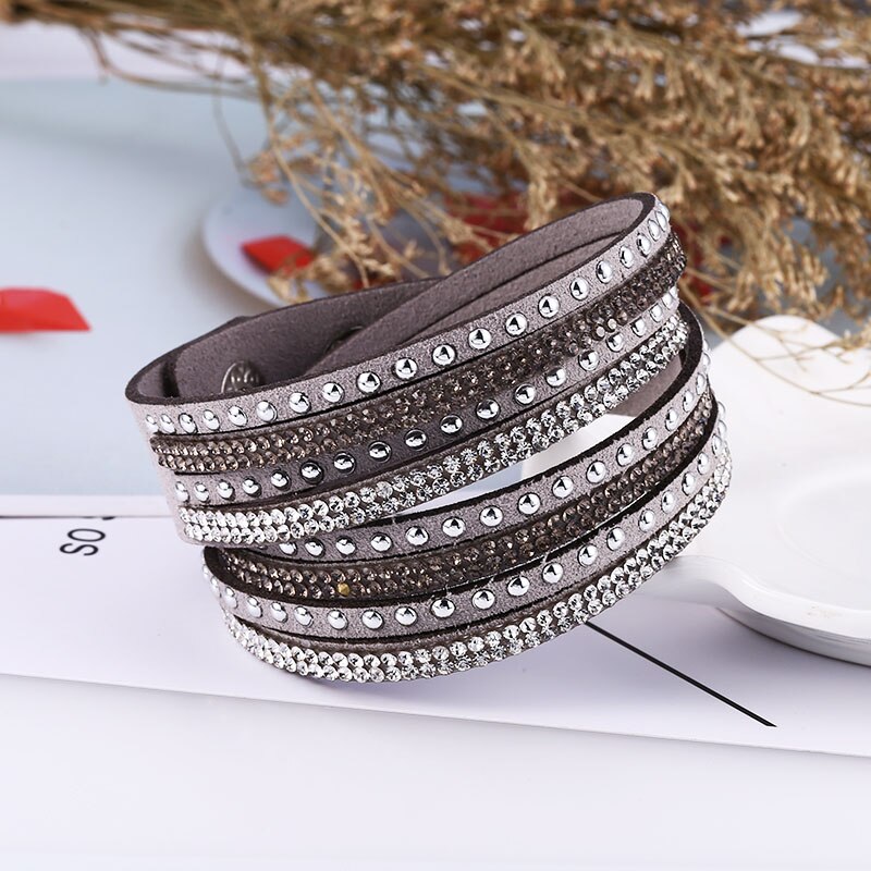HOCOLE-Pulseras de cuero con abalorios de cristal para mujer, pulsera de diamantes de imitación multicapa, joyería femenina, de boda: Grey Bracelet